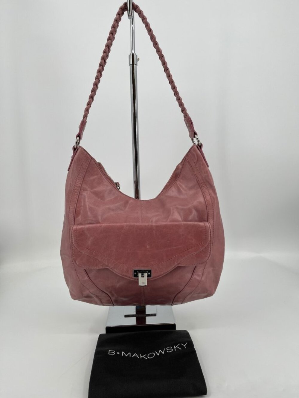 Vintage B. Makowsky Hobo Bag Pink Leather Braided Strap Zip Top Leopard Lined